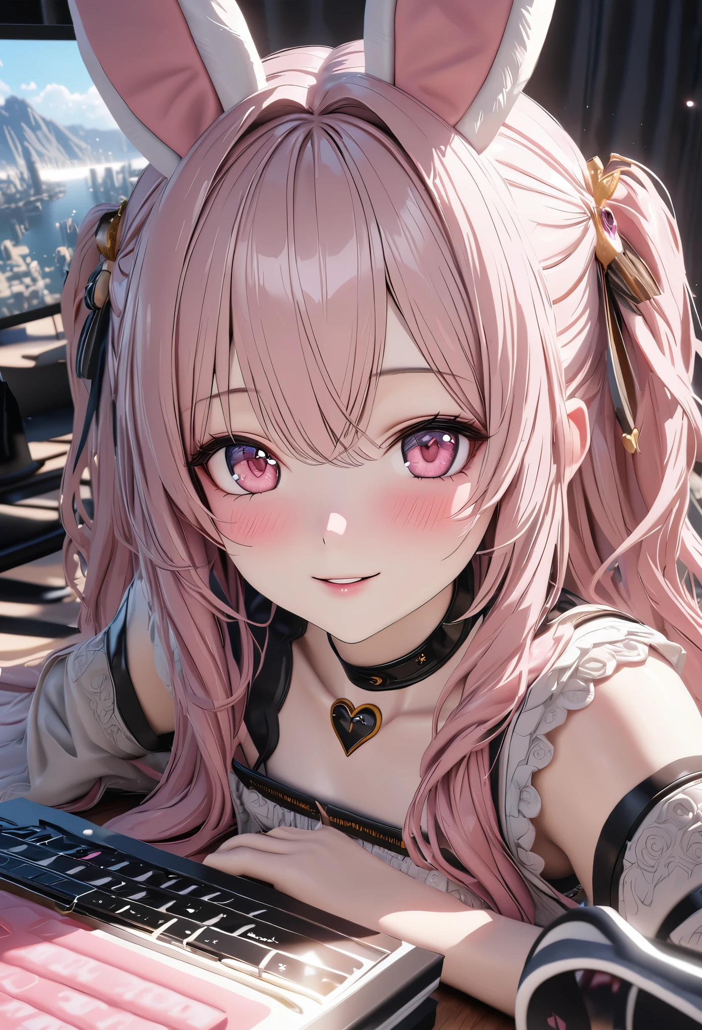 masterpiece,highest quality, Super detailed, High resolution, expensive resolution, HDR, 4k, 8K, unity 8k wallpaper, Super detailed CG, masterpiece, photo-realistic, 2D, 3D, beautiful details, depth, fine texture , super fine: 1.3, Fully focused, Crispy.skin, .he,
Very cute anime girl with Pink semi-long hair wearing expensive , one girl,he女の名前はミラ、 smile、alone, Pink semi-long hair, animal ears, Bunny ears, Idol、可愛らしいIdol衣装、computer、disk、mole under the eye, looking at the viewer , expensive , blush, mole, Bunny ears, parted lips, hair ornaments, heart, pink eyes, choker