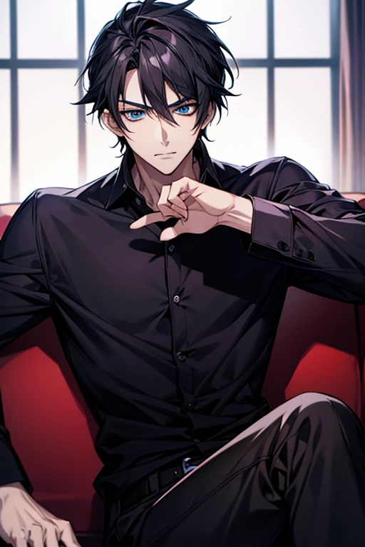 Anime handsome man wearing a black shirt and sitting on a white sofa,dynamic pose，Handsome anime style，e blue eyes，High Quality Anime Portraits