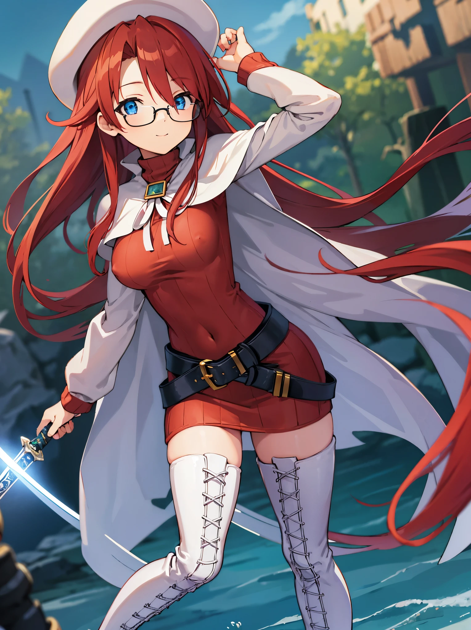 summonnightaty, aty, (young:1.3),long hair, blue eyes, red hair, big_tits, hat, glasses,
BREAK long hair, thighhighs, hat, dress, naked_legs, glasses, belt, cape, sweater, zettai ryouiki, beret, thigh boots, white footwear, ribbed sweater, loose belt,solo,
BREAK outdoors, fantasy,
,Highquality_hads,perfect_fingers,
BREAK (masterpiece:1.2), best quality, high resolution, unity 8k wallpaper, (illustration:0.8), (beautiful detailed eyes:1.6), extremely detailed face, perfect lighting, extremely detailed CG, (perfect hands, perfect anatomy),covered_nipples,covered_navel ,half_eyes,long_sword,sleepy_eyes,red_sweater,apart_knees,magical_effect,spread_legs, have_a_book,teacher,rise_knee,Smile,rise_hand,look_down_viewer,spread_arms,,looking_into,plump,open_mouth, dynamic_posing,solo,in_Emodern_town_landscape,night_sky,solo
