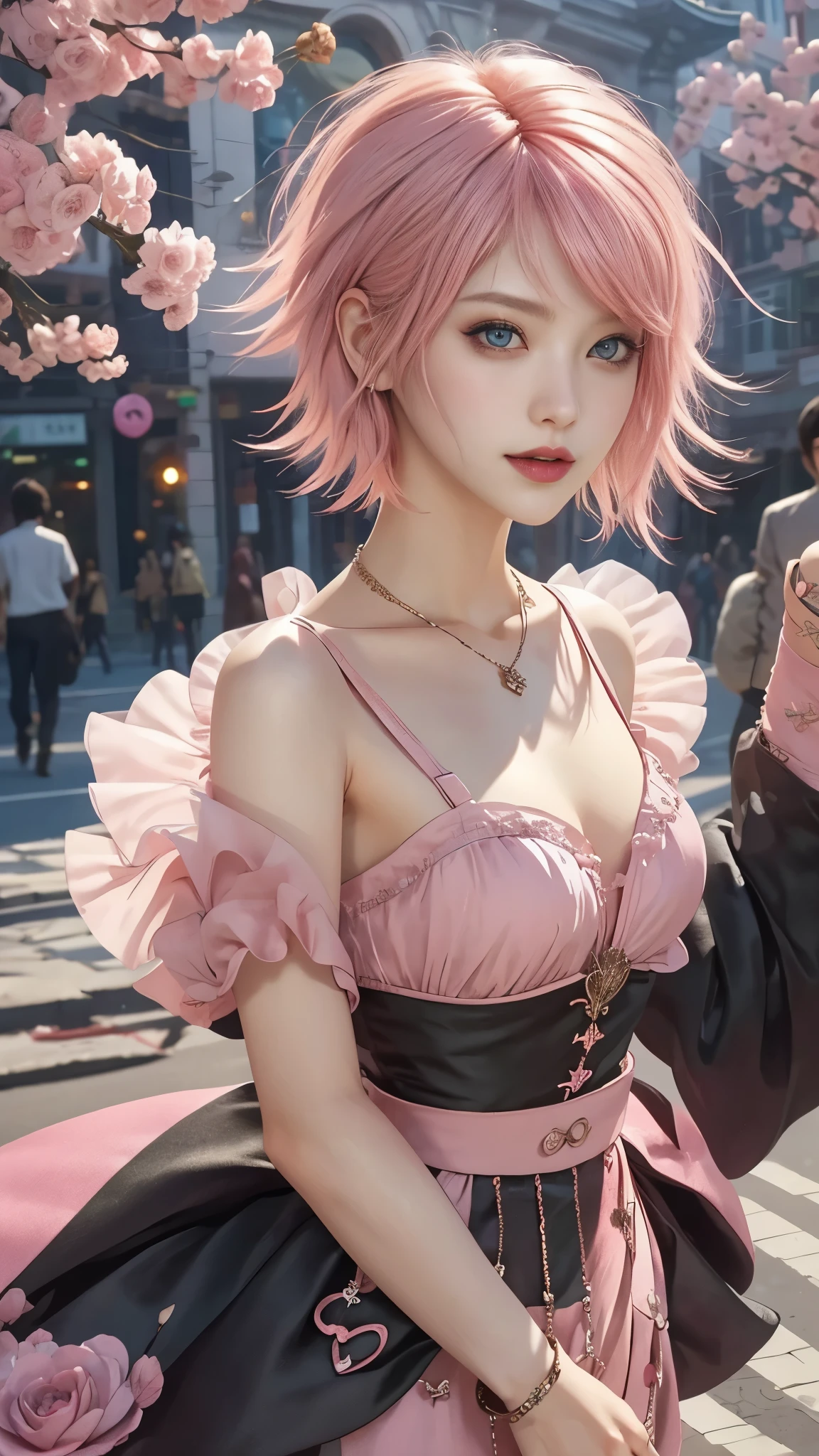 ​masterpiece, top-quality, ((1womanl)), different pink color, finely eye and detailed face, intricate detailes, Casual black and pink attire, window, A smile, Happiness, tenderness, high-level image quality、selfee, Beautuful Women、tall、a small face, D-cups, The upper part of the body、nightfall, nighttime scene、𝓡𝓸𝓶𝓪𝓷𝓽𝓲𝓬、Korea person, Idol Photos, Model photo, k pop, Professional Photos, Vampires, Korean fashion in black and pink, Fedoman with necklace, inspired by Sim Sa-jeong, androgynous vampire, :9 detailed face: 8, extra detailed face, detailed punk hair, ((eyes are deialed)) baggy eyes, Seductive. Highly detailed, semi realistic anime, Vampires, hyperrealistic teen, Delicate androgynous princess, imvu, ((short hair woman)), pink hair woman with wild look, ((Woman with short pink hair)), ((1 persons)),