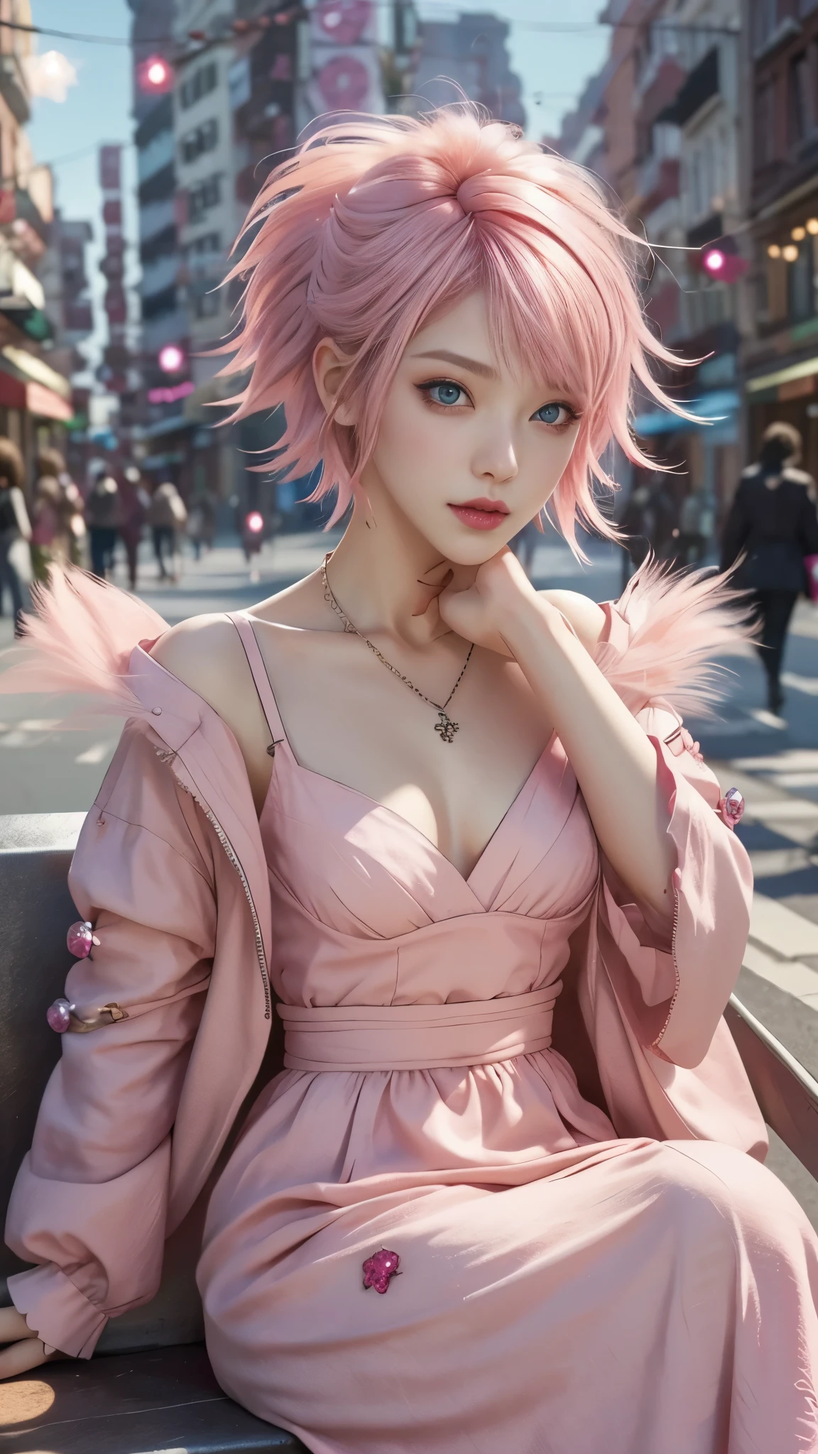 ​masterpiece, top-quality, ((1womanl)), different pink color, finely eye and detailed face, intricate detailes, Casual black and pink attire, window, A smile, Happiness, tenderness, high-level image quality、selfee, Beautuful Women、tall、a small face, D-cups, The upper part of the body、nightfall, nighttime scene、𝓡𝓸𝓶𝓪𝓷𝓽𝓲𝓬、Korea person, Idol Photos, Model photo, k pop, Professional Photos, Vampires, Korean fashion in black and pink, Fedoman with necklace, inspired by Sim Sa-jeong, androgynous vampire, :9 detailed face: 8, extra detailed face, detailed punk hair, ((eyes are deialed)) baggy eyes, Seductive. Highly detailed, semi realistic anime, Vampires, hyperrealistic teen, Delicate androgynous princess, imvu, ((short hair woman)), pink hair woman with wild look, ((Woman with short pink hair)), ((1 persons)), sitting,