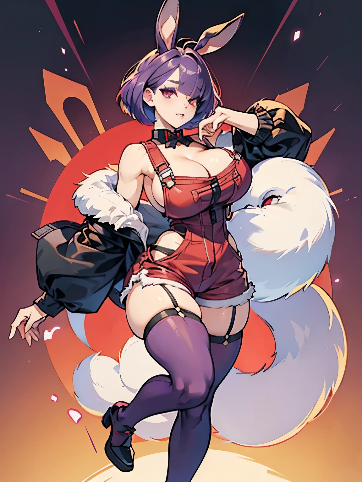 Furry female, anthropomorphic rabbit girl, bob cut, purple fur, dark purple hair, thick thighs, no shirt, huge breasts, red eyes, eyeshadow, red overalls shorts, thigh highs, tall, hair over one eye, full body shot, tall,