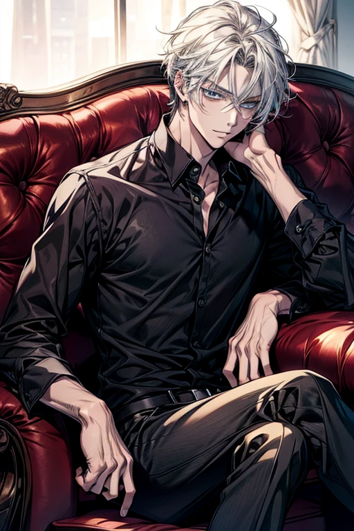 Anime handsome man wearing a black shirt and sitting on a white sofa,dynamic pose,Handsome anime style,e blue eyes,High Quality Anime Portraits
