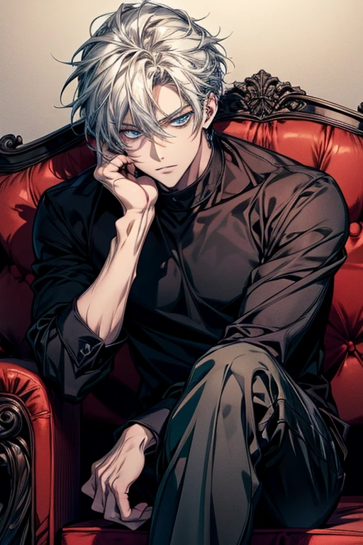 Anime handsome man wearing a black shirt and sitting on a white sofa,dynamic pose,Handsome anime style,e blue eyes,High Quality Anime Portraits