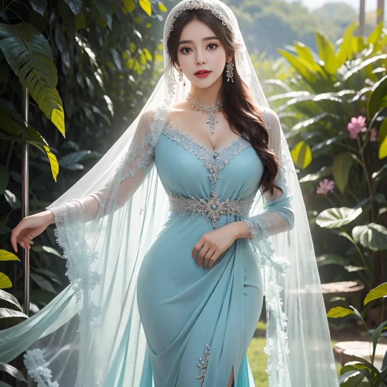 half body, beautiful muslimah girls, wearing traditional transparent silk baju kurung, ultra-detailed, detailed faces, detailed skins, 8k masterpieces, cinematic lighting, firm push-up bosom, voluptuous bosom, slim and slender body, long hijab, eid mubarak, in malay village, in the meadow