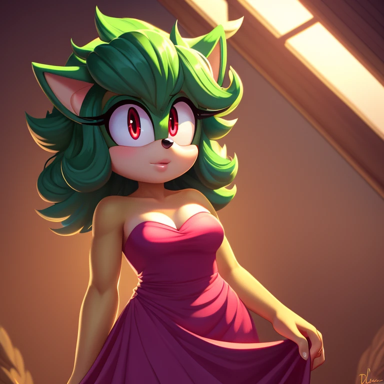 mobian leopard, female, green fur, green eyes, green hair, green body, ponytail, purple dress, low cut dress, cleavage, grin, fluff, fur, tuft, night, moon, castle, small breasts, Masterpiece, high quality, studio quality, intricate details, 4k, solo, ((masterpiece)), high quality, ((2d, 2d art)), ((sharp, expressive eyes)), (detailed colors, detailed shading), detailed background