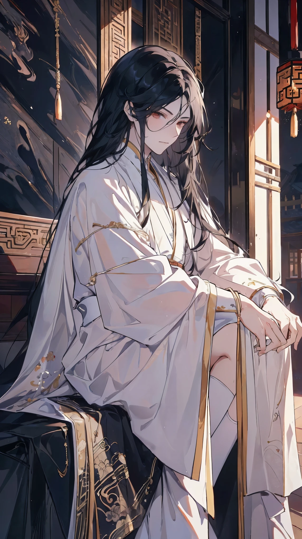 (extremely detailed 8K wallpaper),(ultra-detailed),(best quality),(masterpiece),(highly detailed),(cinematic lighting),(Original),Cold ligh，moody,(Chinese elaborate-style painting ),ink style，1boy,long black hair，((Boy who looks like a girl))，White clothes，((Poker face))，（black knee socks）