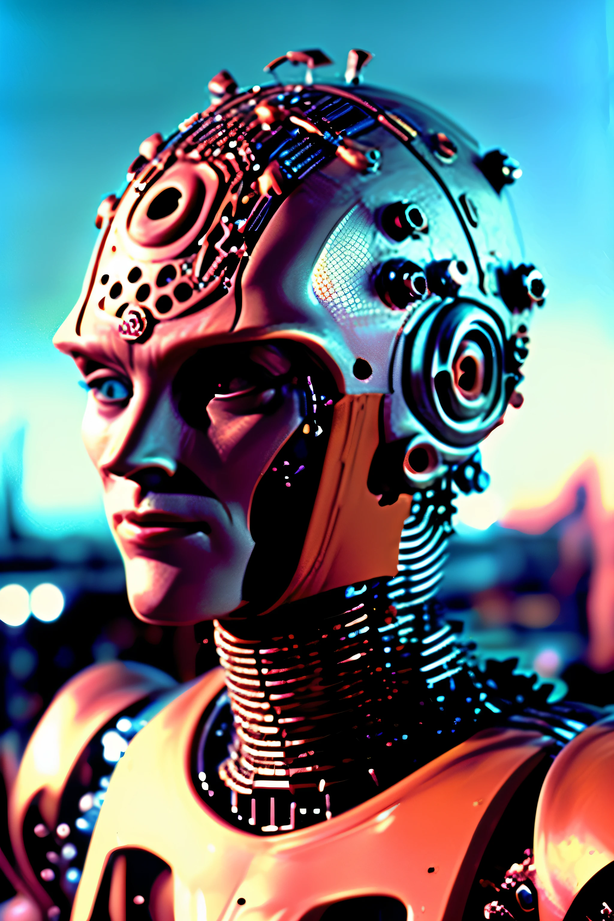 A futuristic frontal head portrait of a humanoid very complex female cyborg. The robot's body is made of many metal pieces showing some ware and use, and its internal structure is clearly visible, including circuit boards and light-emitting elements. The robot has soft facial features with feminine features, including long hair and breasts. The robot's head and neck are structurally complex, with many connecting points and lines, suggesting its precise construction and possible versatility. High-tech and futuristic living concepts, cold and mechanical beauty, bioluminescence, fiber optics, masterpieces, octane rendering, unreal engine ral-watrho