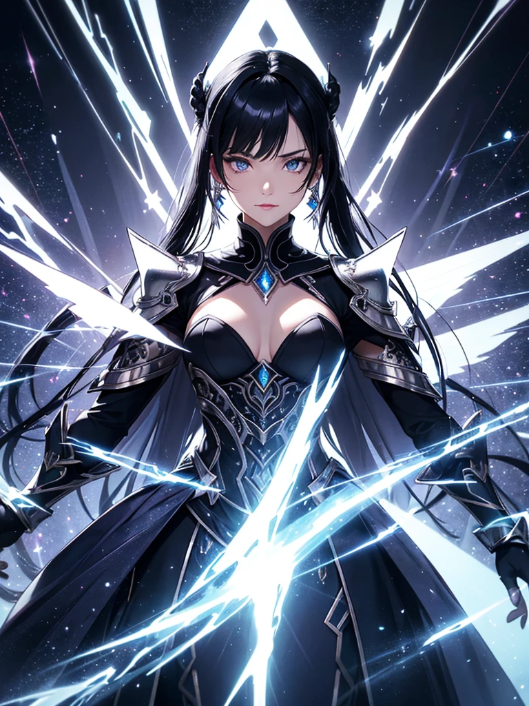 a mature woman, Confident, mighty and strong, (black blue hair streaked sky blue luminous hair), Extra long high ponytail with single side ear front hair combed in back, floating hair, hair strand, shiny hair, blue amber eyes, pupils sparkling, aqua eyes, glowing eyes, pupils sparkling, upturned eyes, long upper eyelashes, double eyelids, deep red purple lips, white crystal earrings, a slight smile, Glowing clothing effect, Silver full body armor, Exquisite black and gold twin color pattern on silver armor, (Right hand holds a silver spear with lightning), (The left forearm is surrounded by fire and lightning), (A huge upright lightning ring totem floats behind the shoulders), She is a war goddess, Random pose, Random expressions, Random background, White light surrounding the body, god rays, anime, UHD, masterpiece, award winning, 8k, super detail, best quality, retina, ccurate, super textured skin, super detail face, perfect face, Super fine facial details, beautiful and delicate eyes, perfect eyes, anatomically correct, correct limbs, correct figner, super detail figner, best hair quality, best clothing quality, best prop quality, best totem detail and quality, complex totem detail