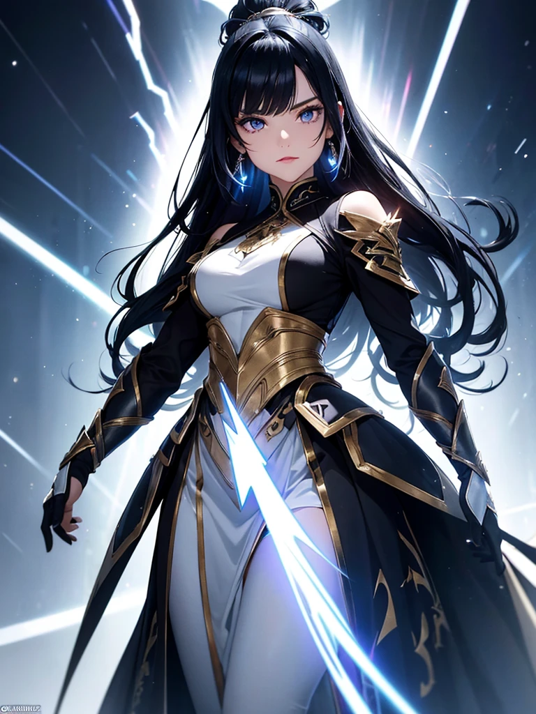 a mature woman, Confident, mighty and strong, (black blue hair streaked sky blue luminous hair), Extra long high ponytail with single side ear front hair combed in back, floating hair, hair strand, shiny hair, blue amber eyes, pupils sparkling, aqua eyes, glowing eyes, pupils sparkling, upturned eyes, long upper eyelashes, double eyelids, deep red purple lips, white crystal earrings, a slight smile, Glowing clothing effect, Silver full body armor, Exquisite black and gold twin color pattern on silver armor, (Right hand holds a silver spear with lightning), (The left forearm is surrounded by fire and lightning), (A huge upright lightning ring totem floats behind the shoulders), She is a war goddess, Random pose, Random expressions, Random background, White light surrounding the body, god rays, anime, UHD, masterpiece, award winning, 8k, super detail, best quality, retina, ccurate, super textured skin, super detail face, perfect face, Super fine facial details, beautiful and delicate eyes, perfect eyes, anatomically correct, correct limbs, correct figner, super detail figner, best hair quality, best clothing quality, best prop quality, best totem detail and quality, complex totem detail