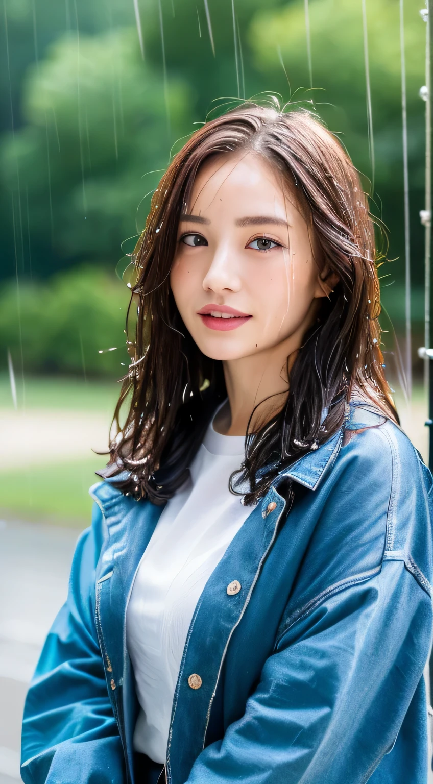 (highest quality, 4k, masterpiece :1.3), realistic, Photoreal,
sharp focus, shallow depth of field, Bright colors, professional level,
20-year-old, 1 person, Beautiful woman,
(wet in the rain, wet in the rain, wet body :1.2),