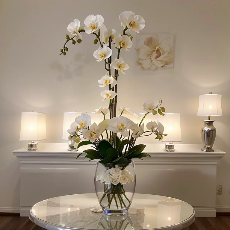 Orchid arrangement with many white roses at the bottom of the orchids, con florero plateado, elegante y con luz blanca. 