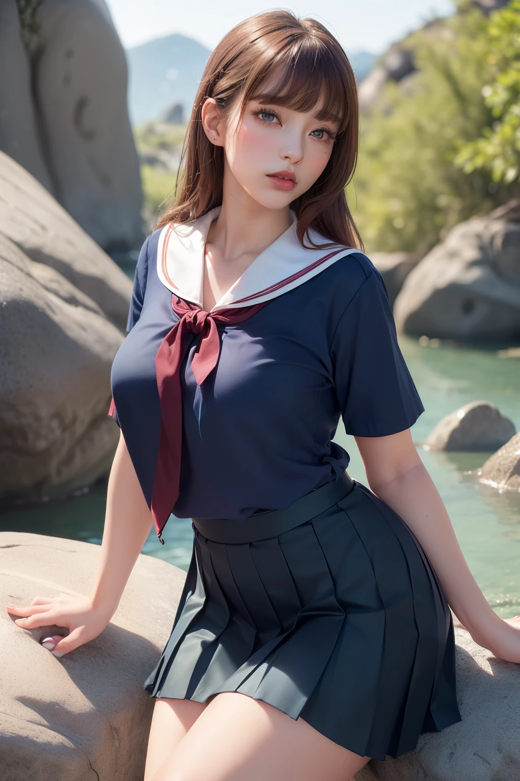 (masterpiece, best quality, cinematic, photorealistic, ultra-detailed), (1girl, Japanese student), (wide shot, side view:1.4), (undressed short-sleeved blouse with a sailor-style collar and a ribbon tie:1.5), (super mini navy blue pleated skirt:1.4), (wavy ginger hair, with bangs:1.2), perfect hands, perfect face, (large cleavage, exposed breasts), (seductive pose:1.2), (green eyes, soft and shimmery eyeshadows, detailed pupils, defined eyelashes), (blushing, slightly parted lips, cherry lips:1.2), (leaning against a gigantic rock, sensual pose:1.4)