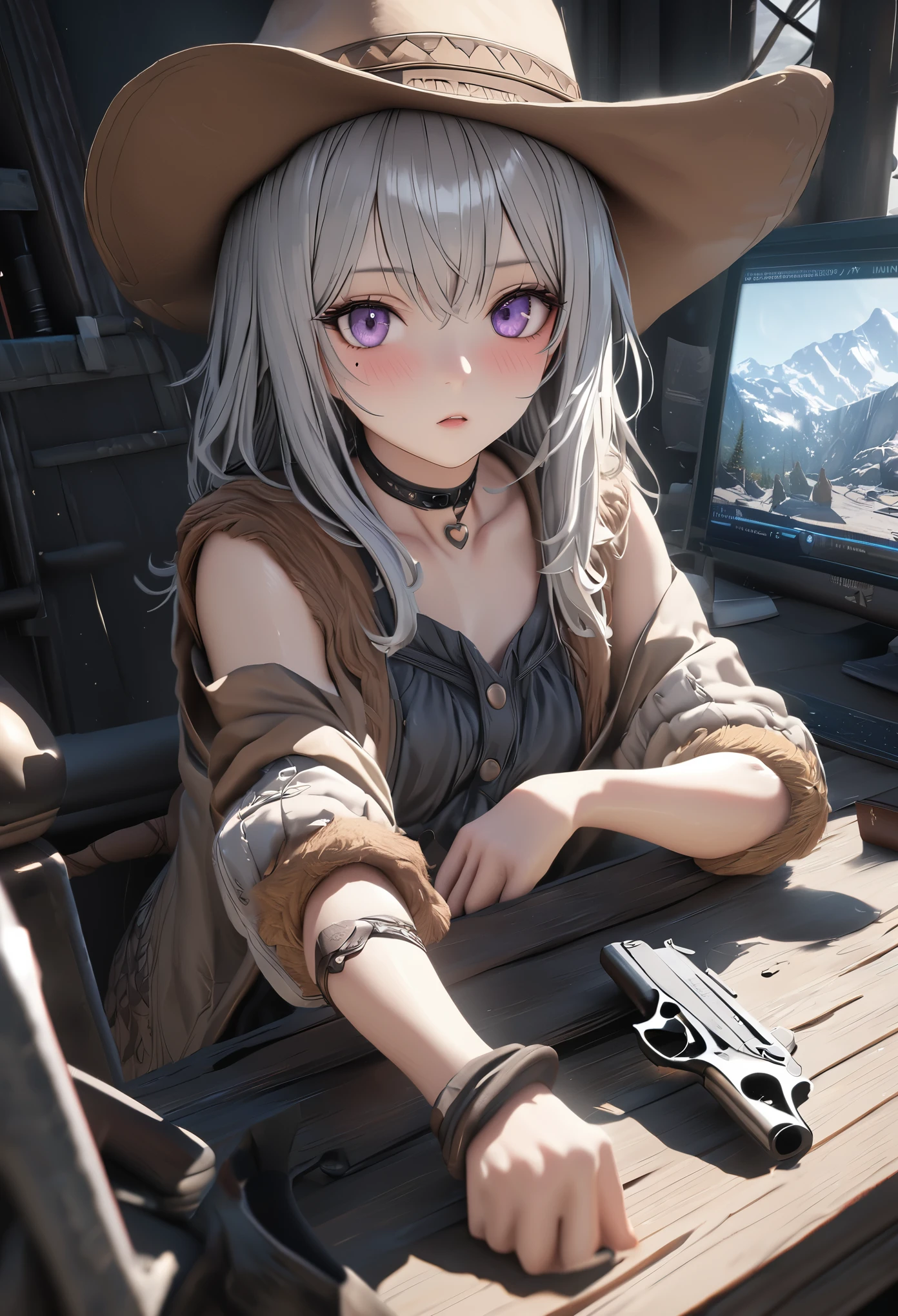 masterpiece,highest quality, Super detailed, High resolution, expensive resolution, HDR, 4k, 8K, unity 8k wallpaper, Super detailed CG, masterpiece, realistic, 2D, 3D, beautiful details, depth, fine texture , super fine: 1.3, Fully focused, Crispy.skin, .he,
Very cute anime girl 、Desolate wilderness、cowboy styleの衣装、cowboy hat、cowboy boots、hand gun、mexican wilderness、duel、hand gunを持って立っている、long silver hair wearing expensive , one girl、alone, long silver hair, animal ears, Cat ear, cowboy style、cowboy hat、hand gun、duel、cowboy boots、computer、disk、mole under the eye, looking at the viewer , expensive , blush, mole, Cat ear, parted lips, hair ornaments, heart, purple eyes, choker