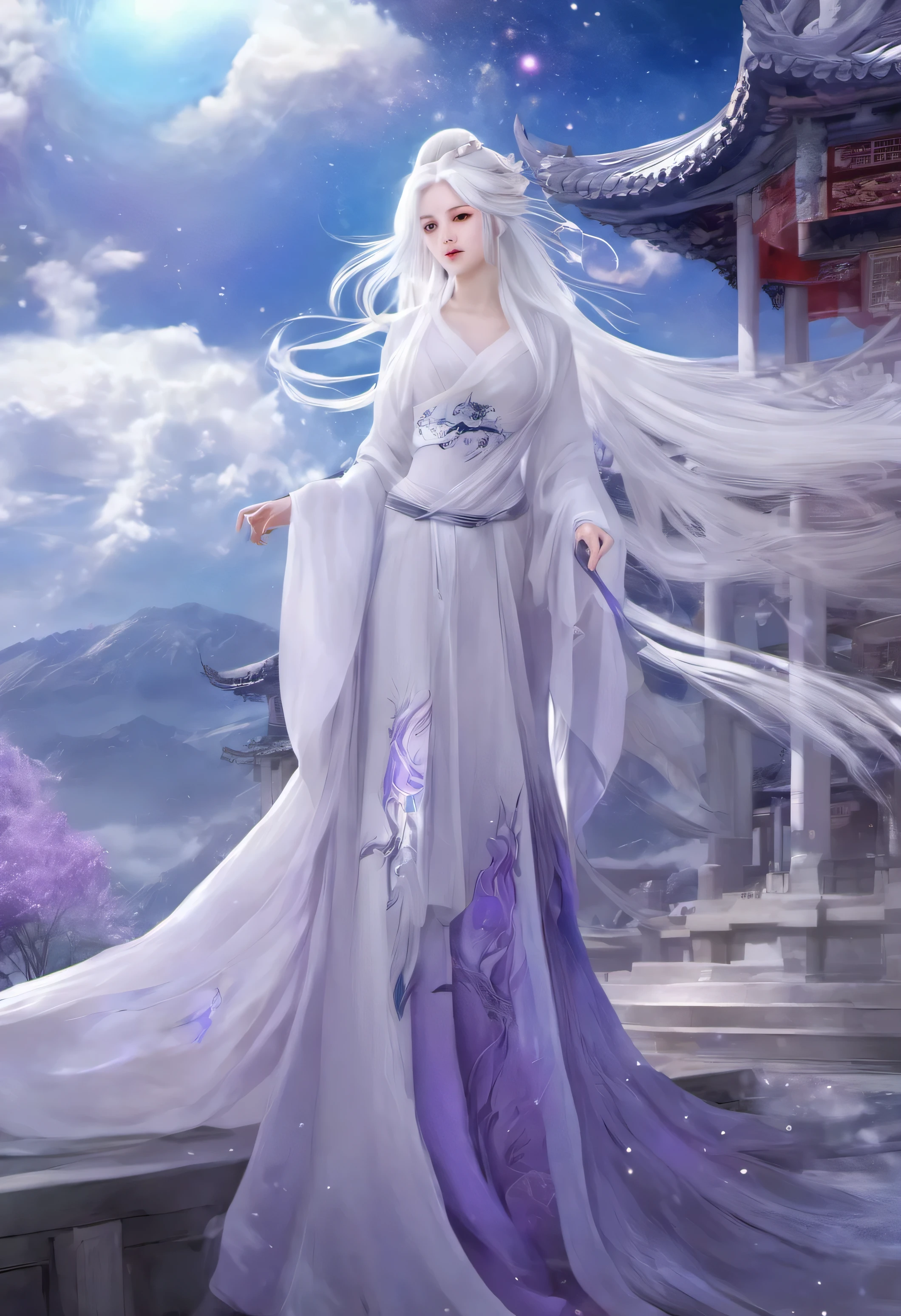 make me a realistic image of this description do not anime "A White haired girl, White hair, purple eyes, beautyfull, long White hair, White tail, seductive look, long White tail, standing in a magic temple, manantial Palace, Stars in the Sky, day, good light,"