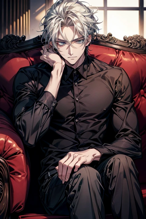 Anime handsome man wearing a black shirt and sitting on a white sofa,dynamic pose,Handsome anime style,e blue eyes,High Quality Anime Portraits