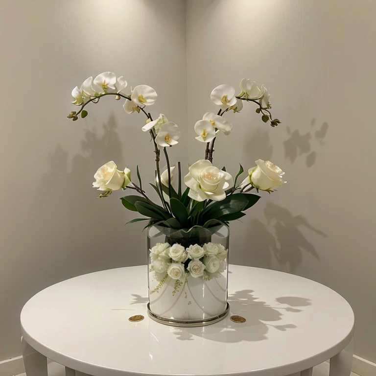 Orchid arrangement with many white roses at the bottom of the orchids, con florero plateado, elegante y con luz blanca.