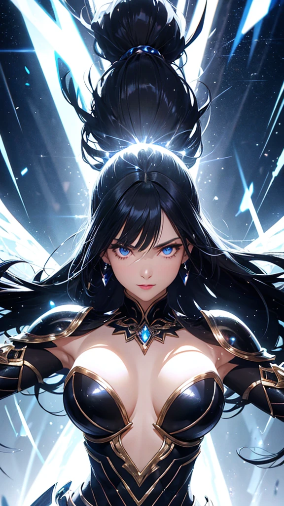 a mature woman, Confident, mighty and strong, (black blue hair streaked sky blue luminous hair), Extra long high ponytail with single side ear front hair combed in back, floating hair, hair strand, shiny hair, blue amber eyes, pupils sparkling, aqua eyes, glowing eyes, pupils sparkling, upturned eyes, long upper eyelashes, double eyelids, deep red purple lips, white crystal earrings, a slight smile, Glowing clothing effect, Silver full body armor, Exquisite black and gold twin color pattern on silver armor, (Right hand holds a silver spear with lightning), (The left forearm is surrounded by fire and lightning), (A huge upright lightning ring totem floats behind the shoulders), She is a war goddess, Random pose, Random expressions, Random background, White light surrounding the body, god rays, anime, UHD, masterpiece, award winning, 8k, super detail, best quality, retina, ccurate, super textured skin, super detail face, perfect face, Super fine facial details, beautiful and delicate eyes, perfect eyes, anatomically correct, correct limbs, correct figner, super detail figner, best hair quality, best clothing quality, best prop quality, best totem detail and quality, complex totem detail