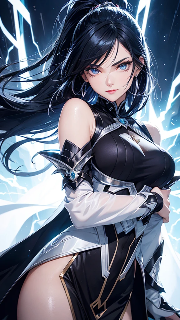 a mature woman, Confident, mighty and strong, (black blue hair streaked sky blue luminous hair), Extra long high ponytail with single side ear front hair combed in back, floating hair, hair strand, shiny hair, blue amber eyes, pupils sparkling, aqua eyes, glowing eyes, pupils sparkling, upturned eyes, long upper eyelashes, double eyelids, deep red purple lips, white crystal earrings, a slight smile, Glowing clothing effect, Silver full body armor, Exquisite black and gold twin color pattern on silver armor, (Right hand holds a silver spear with lightning), (The left forearm is surrounded by fire and lightning), (A huge upright lightning ring totem floats behind the shoulders), She is a war goddess, Random pose, Random expressions, Random background, White light surrounding the body, god rays, anime, UHD, masterpiece, award winning, 8k, super detail, best quality, retina, ccurate, super textured skin, super detail face, perfect face, Super fine facial details, beautiful and delicate eyes, perfect eyes, anatomically correct, correct limbs, correct figner, super detail figner, best hair quality, best clothing quality, best prop quality, best totem detail and quality, complex totem detail