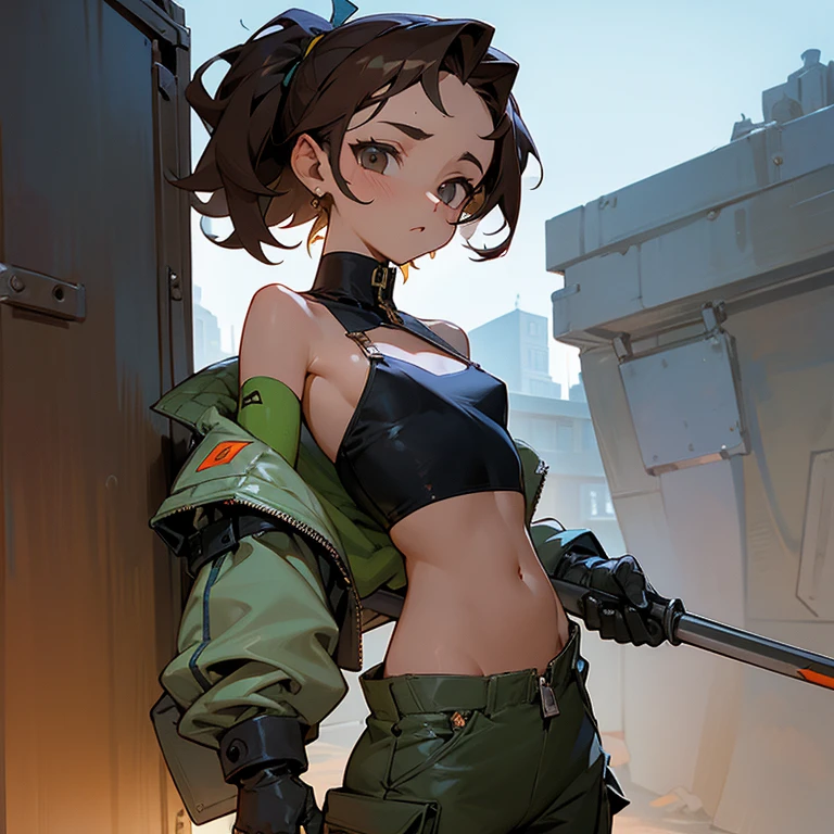 girl、confident face、earrings、thin、modest chest、Goggles on foreheadをつけている、uniform、small ass、A thin and delicate mechanic girl、loose clothing、Oversized Cargo Pants、that'belly button、- Front zip、high neck with zipper、Tube top、bare shoulders、turtleneck、off shoulder、Work gloves、Goggles on forehead、tools in one hand、brown skin、middle hair、thin、cleavage、choker、low rise pants、thinウエスト、