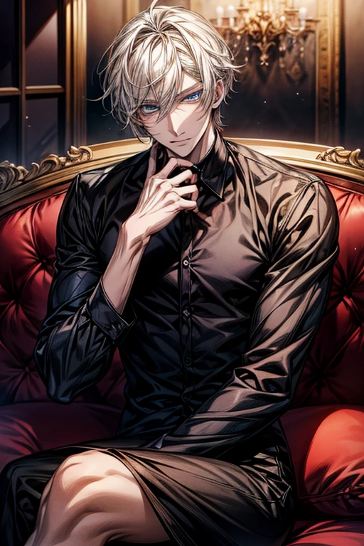 Anime handsome man wearing a black shirt and sitting on a white sofa,dynamic pose,Handsome anime style,e blue eyes,High Quality Anime Portraits,detailed eyes,beautiful face
