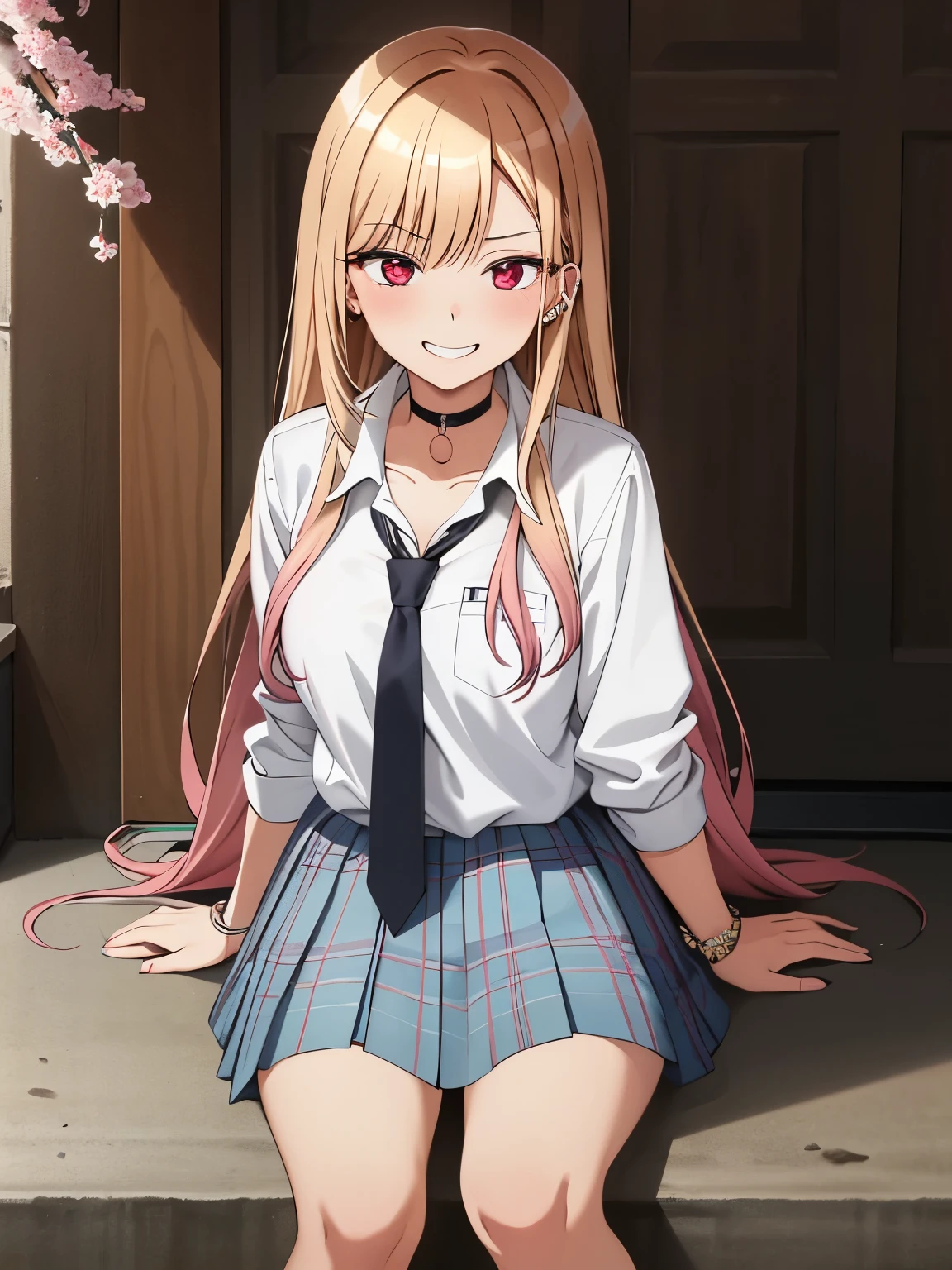 masterpiece, best quality, 1girl, long hair, bored, sitting, feet up, soles, forest bangs, black choker, black necktie, blonde hair, blue skirt, blush, bracelet, breasts, choker, clothes around waist, collarbone, collared shirt, cowboy shot, dress shirt, ear piercing, eyebrows visible through hair, gradient hair, grin, gyaru, jewelry, kogal, long hair, looking at viewer, loose necktie, necktie, piercing, plaid, plaid skirt, pleated skirt, red eyes, ring, , shirt, skirt, smile, solo, white shirt, street, sky, cherry blossoms, petals, pink hair，（bikini）, kitagawa marin