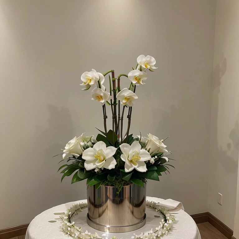 Orchid arrangement with many white roses at the bottom of the orchids, con florero plateado, elegante y con luz blanca.