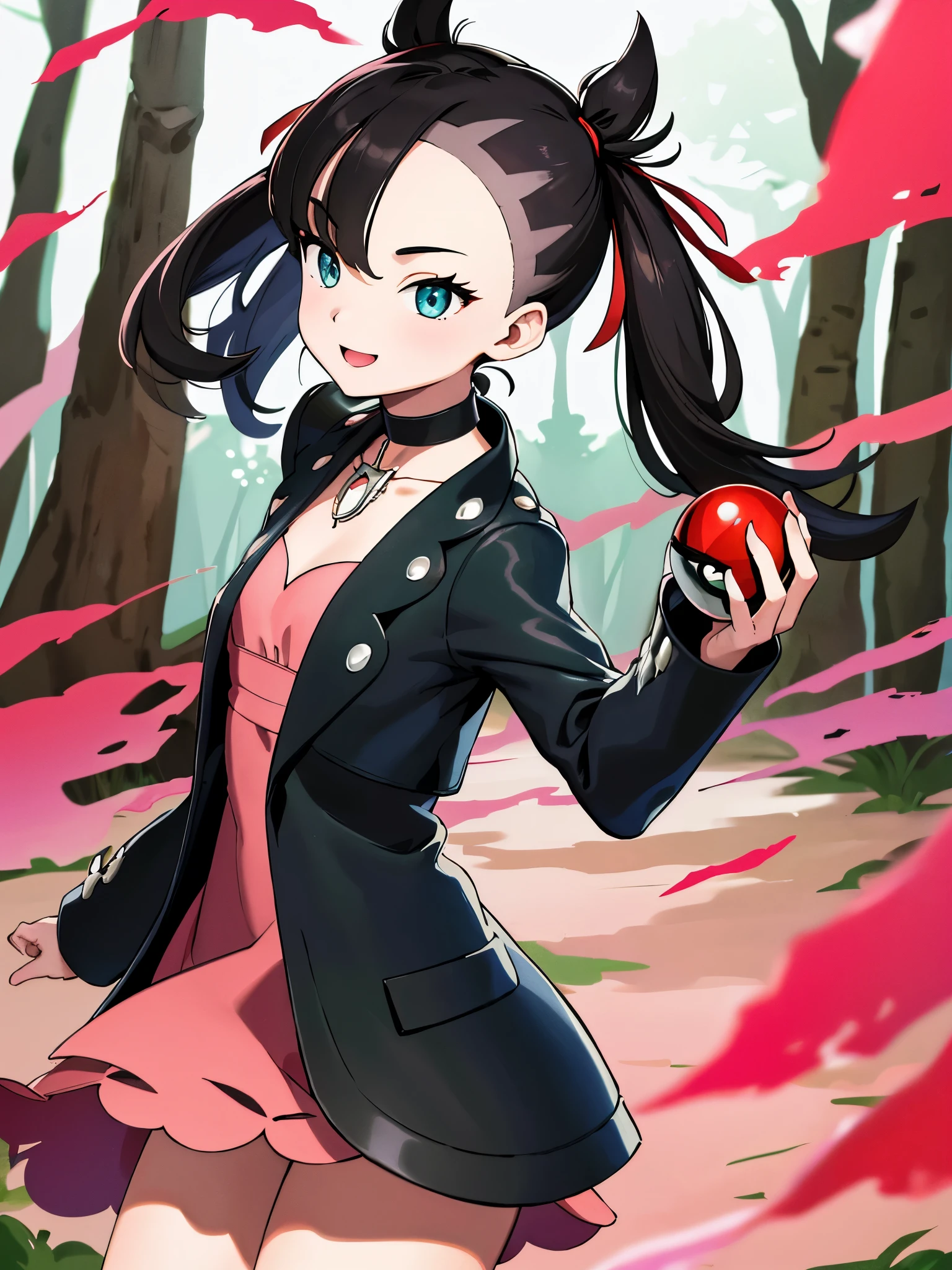 masterpiece, best quality, highres, marnie, aqua eyes, black choker, red ribbon, pink dress, jewelry, black jacket, open clothes, long sleeves, cowboy shot, standing, Forest, holding poke ball, poke ball \(basic\), smile, open mouth,The background is a forest with many trees.:1.2,Draw the person so that it is in the center of the screen,Describe up to the top of the head,{{{perfect hand shape:1.2}}}