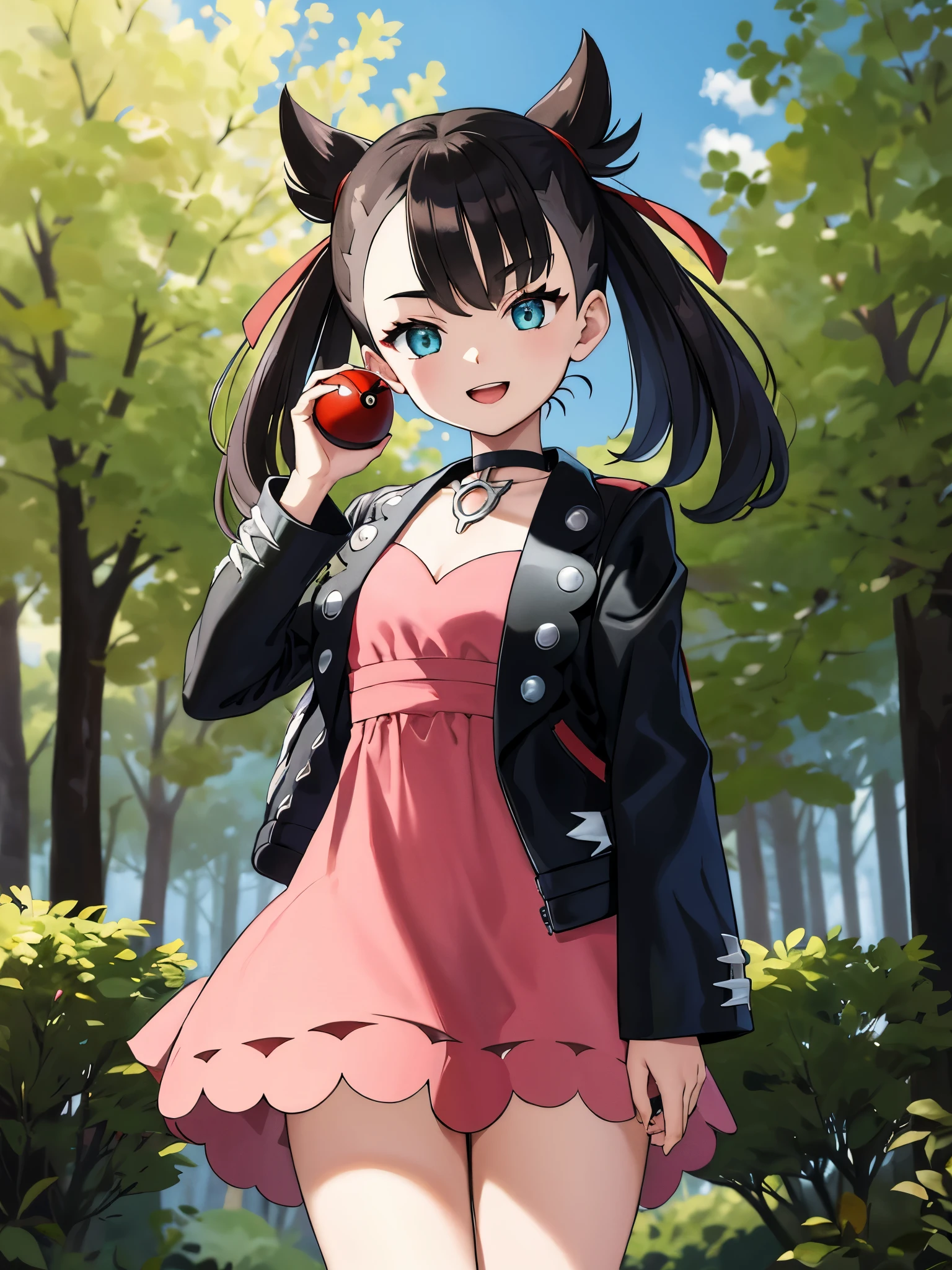 masterpiece, best quality, highres, marnie, aqua eyes, black choker, red ribbon, pink dress, jewelry, black jacket, open clothes, long sleeves, cowboy shot, standing, Forest, holding poke ball, poke ball \(basic\), smile, open mouth,The background is a forest with many trees.:1.2,Draw the person so that it is in the center of the screen,Describe up to the top of the head,{{{perfect hand shape:1.2}}}