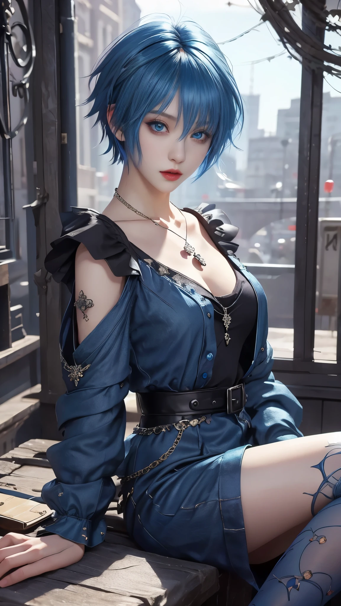 ​masterpiece, top-quality, ((1womanl)), different blue color, finely eye and detailed face, intricate detailes, Casual black and blue attire((Sexy clothes)), window, A smile, Happiness, tenderness, high-level image quality、 selfee, Beautuful Women、tall、a small face, D-cups, The upper part of the body、nightfall, nighttime scene、𝓡𝓸𝓶𝓪𝓷𝓽𝓲𝓬、Korea person, Idol Photos, Model photo, k pop, Professional Photos, Vampires, Korean fashion in black and white, Fedoman with necklace, inspired by Sim Sa-jeong, androgynous vampire, :9 detailed face: 8, extra detailed face, detailed punk hair, ((eyes are deialed)) baggy eyes, Seductive. Highly detailed, semi realistic anime, Vampires, hyperrealistic teen, Delicate androgynous princess, imvu, ((short hair woman)), blue hair woman with wild look, ((Woman with short blue hair)), ((1 persons)), sitting,