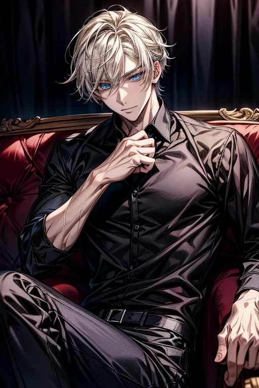 Anime handsome man wearing a black shirt and sitting on a white sofa,dynamic pose,Handsome anime style,e blue eyes,High Quality Anime Portraits,detailed eyes,beautiful face