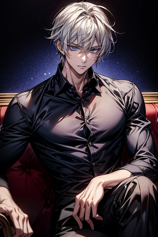 Anime handsome man wearing a black shirt and sitting on a white sofa,dynamic pose,Handsome anime style,e blue eyes,High Quality Anime Portraits,detailed eyes,beautiful face
