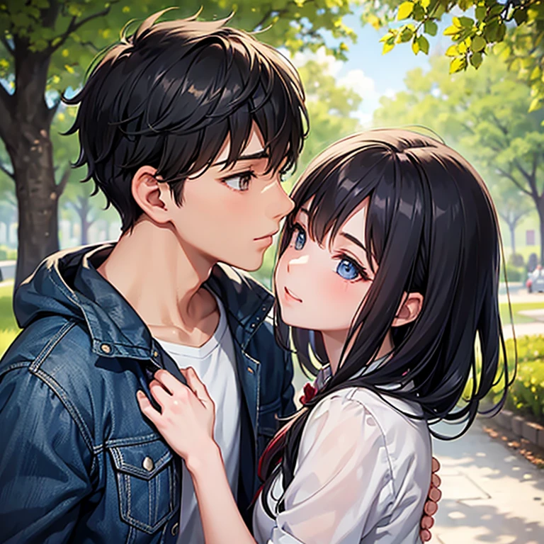A boy and a girl kissing with the background of a park