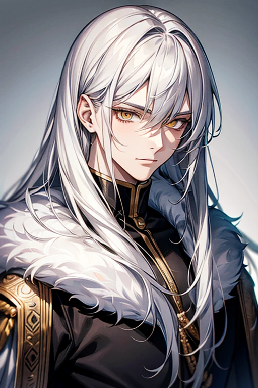 male, long silver tousled hair, White fur cape, yellow eyes, adult face, adult,detailed eyes,beautiful face