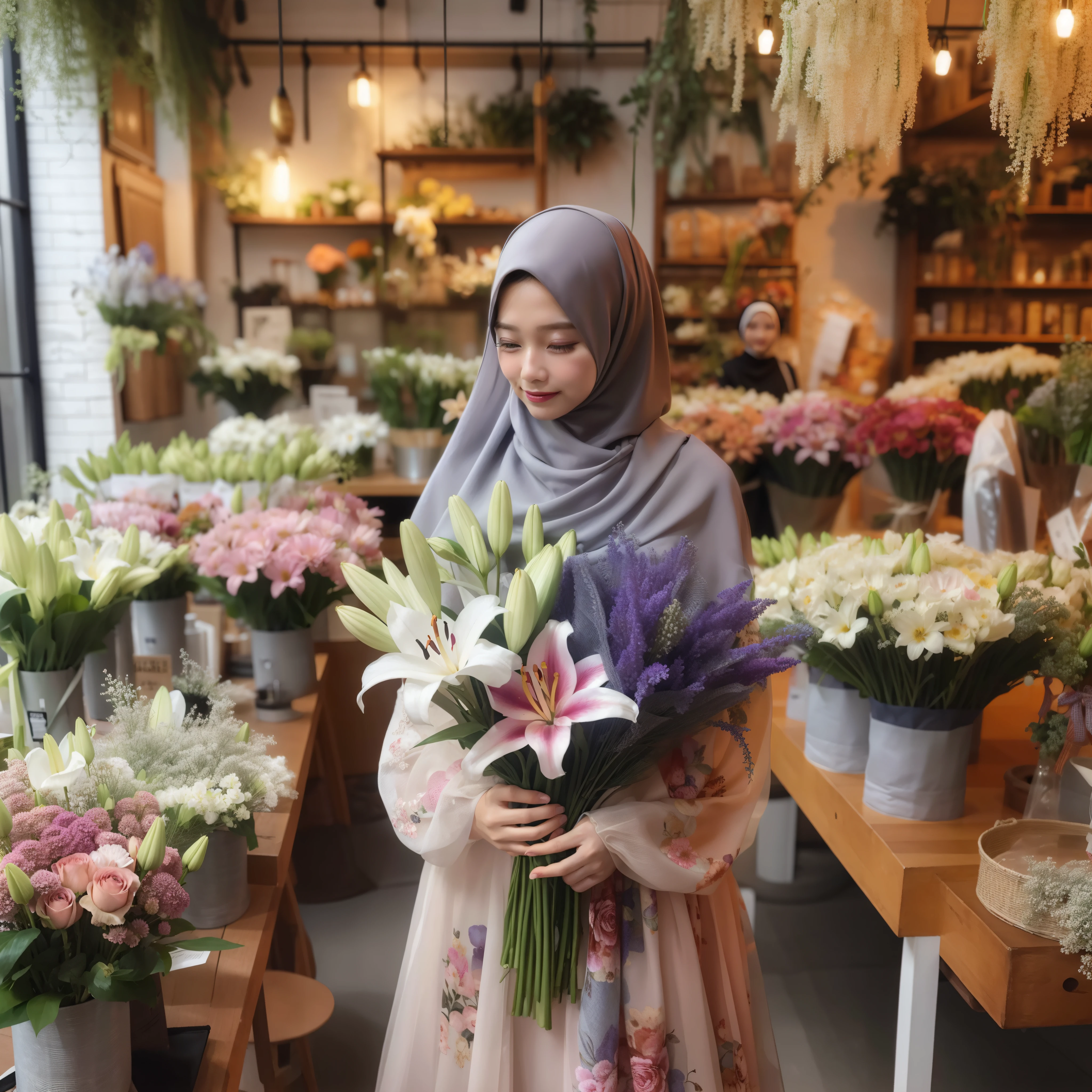 there is a woman standing in a flower shop holding a bouquet, with flowers, malaysian, holding flowers, inspired by Nazmi Ziya Güran, hijab, wearing a hoodie and flowers, inspired by Lily Delissa Joseph, pretty girl, inspired by Maryam Hashemi, inspired by Fathi Hassan, modest flowing gown, masterpiece, beautifully, inspired by Naza, beautiful woman