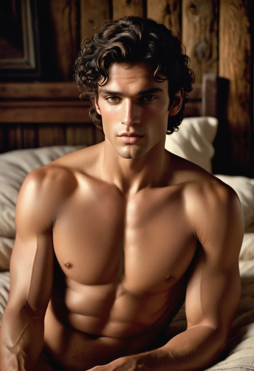 (highly detailed, soft light, photorealistic, dynamic light; cinematic); victorian era; 1820s; 24 years old man; Greek; 1820s Anglican priest; incredibly attractive; dark and brooding; masculine yet beautiful; helpless longing stare; intimate sexually-charged atmosphere; Adonis; moody; intense; hooked Greek nose; sensual; amorous air; very attractive; toned figure; olive skin, flushed in excitement; stubble; hazel-green eyes; thick strong dark-brown eyebrows; long full sideburns; fully naked toned chest with dark body-hair; dark chest-hair; short tousled dark-brown wavy hair; full luscious moist lips, parted; mouth slightly open; laying on an 1820s bed in a rustic 1820s log cabin; laying in a sexual inviting pose, asking for sex; looking at camera