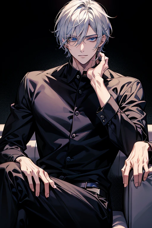Anime handsome man wearing a black shirt and sitting on a white sofa,dynamic pose,Handsome anime style,e blue eyes,High Quality Anime Portraits,detailed eyes,beautiful face
