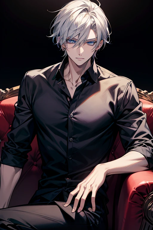 Anime handsome man wearing a black shirt and sitting on a white sofa,dynamic pose，Handsome anime style，e blue eyes，High Quality Anime Portraits,detailed eyes,beautiful face