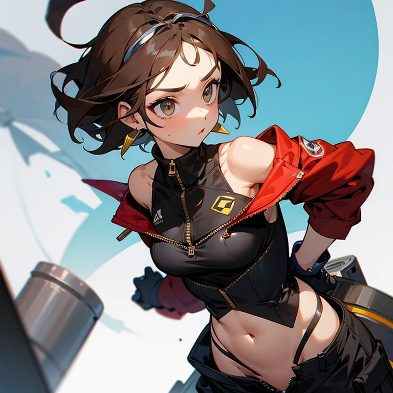 my hero academia style, a girl with red eyes, Brown hair, small breasts, challenging and serious look, being raped by All migth