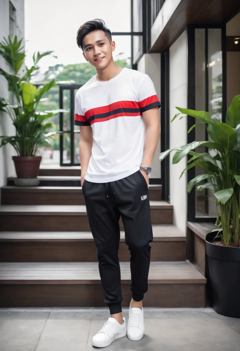 Realistic photo 1:4)) 22 year old Indonesian young man, handsome Asian from Indonesia wearing a white t-shirt, detailed, black and red sleeves with horizontal and vertical stripes, detailed, long white jogger pants, wearing rebook shoes, detailed, full body appearance smiling gently, standing on the door steps of a luxury cafe, green plants, realistic details, HD 1:4 quality photography, cinematic