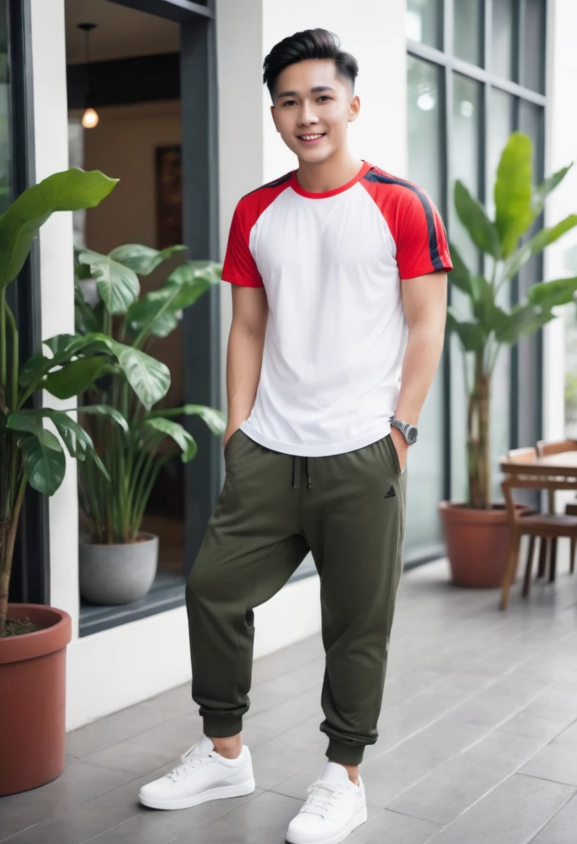 Realistic photo 1:4)) 22 year old Indonesian young man, handsome Asian from Indonesia wearing a white t-shirt, detailed, black and red sleeves with horizontal and vertical stripes, detailed, long white jogger pants, wearing rebook shoes, detailed, full body appearance smiling gently, standing on the door steps of a luxury cafe, green plants, realistic details, HD 1:4 quality photography, cinematic