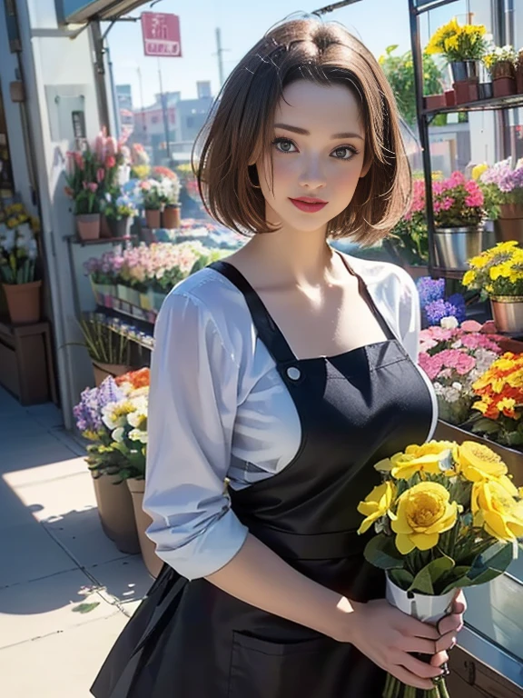 (best quality, 8k, highres, photorealistic:2.0), (solo, one girl:2.0),(photo taken using flash:1.9),(brighten the subject:1.8),(ultimate beautiful girl:2.0),(shiny skin),(oily skin),(blonde girl:1.5),(short hairstyle:1.5),(cool beauty:2.0),Blush brown makeup , dark eye makeup , use pink glossy lipstick,(big beady eyes girl:1.5),(droopy-eyes girl:1.5),(blue eyes),(thin girl:1.5),(baby face girl),(sex appeal),(sweet smelling girl),(Photographed in front of a flower shop:1.8),(A girl who works part-time at a flower shop:1.3),(she works for low wages:1.5),(kind-hearted woman:1.5),(she has a nice smile:1.3),(woman with a happy look:1.3),(she is very sociable),(from a very poor family:1.5),(virgin girl),(She is a secret pervert.),(she covertly lewd),(she looks so erotic),(Preserve virginity for devout Christians),chuuChloe,(Wearing a florist's apron:1.5),(Breast cleavage emphasis),(A woman with very soft breasts),(woman fantasizing about sex),(allurement),(bewitching pose)