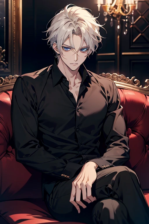 Pale skin, as white as snow, with merlot-red eyes. White Hair, and tall and well-built body. Male. (absurdres, highres, ultra detailed), 1man, adult man, handsome, tall,, finely detailed eyes and detailed face, leather pants, (((white shirt))), smile, dutch angle pale skin, red detailed eyes, (masculine), sexy, elegant, detailed hands
