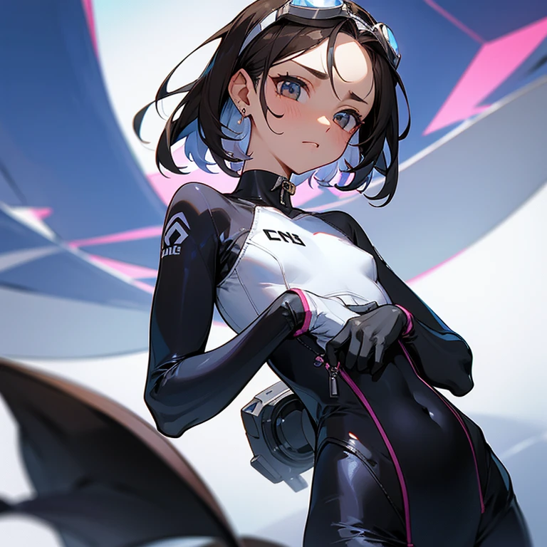 girl、confident face、earrings、thin、Outstanding style、modest chest、Goggles on foreheadをつけている、small ass、A thin 、loose clothing、that&#39;belly button、- Front zip、white wetsuit、Work gloves、Goggles on forehead、brown skin、middle hair、thin、cleavage、choker、thinウエスト、