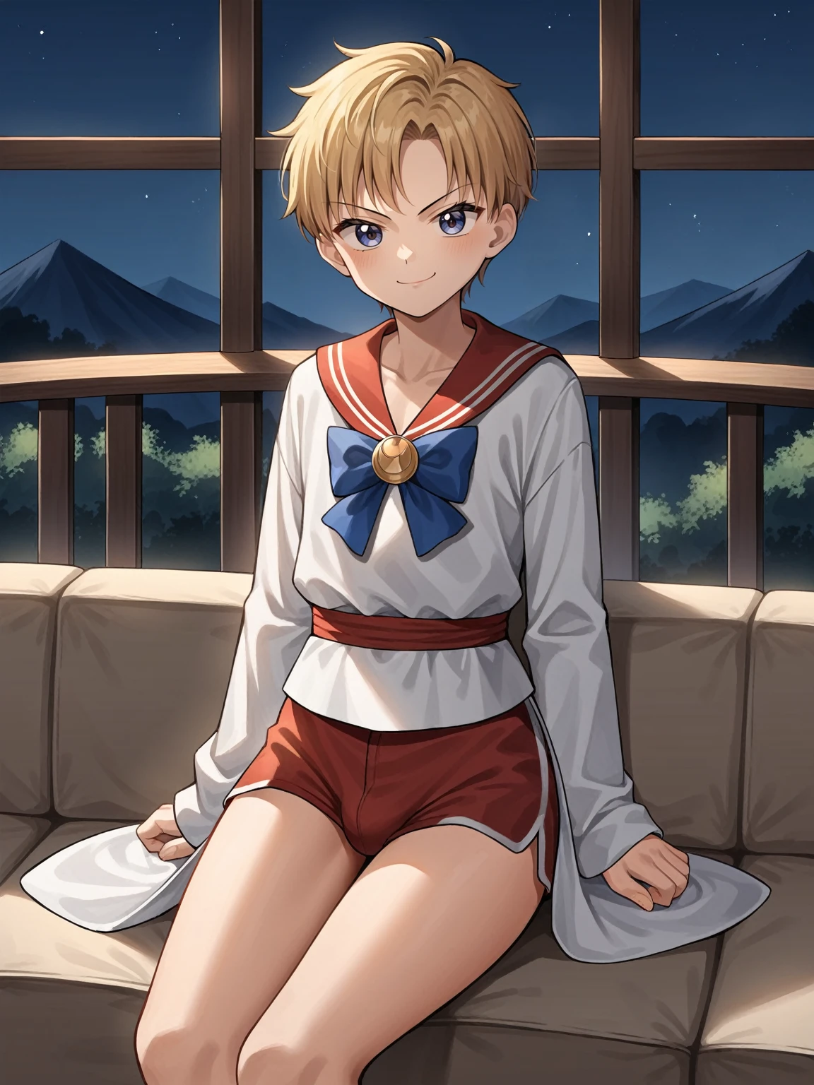 source_anime,score_9,score_8_up, score_7_up, 1boy,solo,outdoors,one piece, sailor moon, couch, indoors, seductive, face closeup, ((closed mouth)), smirk, thighs, long shot, balcony, mountain and riverbackground, fancy, white couch, laying, leaning, front view, red underwear, shorts with rope outline, white robe, genderswap, genderbend, bulge, genderbend ftm, ftm, short hair, femboy, Japanese rope underwear, shota, young, very young, aged down, lole, tiny, night time, smug, smirk, night, after dark