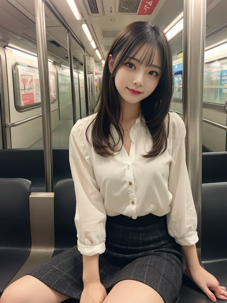 on the table, best quality,  fine details, high resolution, 8K, Beautiful and delicate eyes, 從前排seat看去、low angle、crotch focus、In the skirt、Women's set、Dress lightly、Medium long hair,huge ,split、natural color lips, Bold sexy pose, Smile, Shibuya OL system、20 year old girl、Lovely、东京subway、subway、on the train、Reclining seat、seat、sit down、spread legs、tight skirt、Panchira,、Put your hands behind your back、
