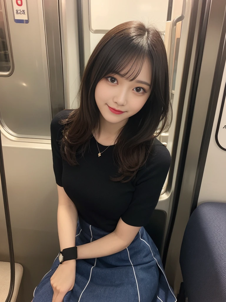 on the table, best quality, fine details, high resolution, 8K, Beautiful and delicate eyes, 從前排seat看去、low angle、crotch focus、In the skirt、Women's set、Dress lightly、Medium long hair,huge ,split、natural color lips, Bold sexy pose, Smile, Shibuya OL system、20 year old girl、Lovely、东京subway、subway、on the train、Reclining seat、seat、sit down、spread legs、tight skirt、Panchira,、Put your hands behind your back、