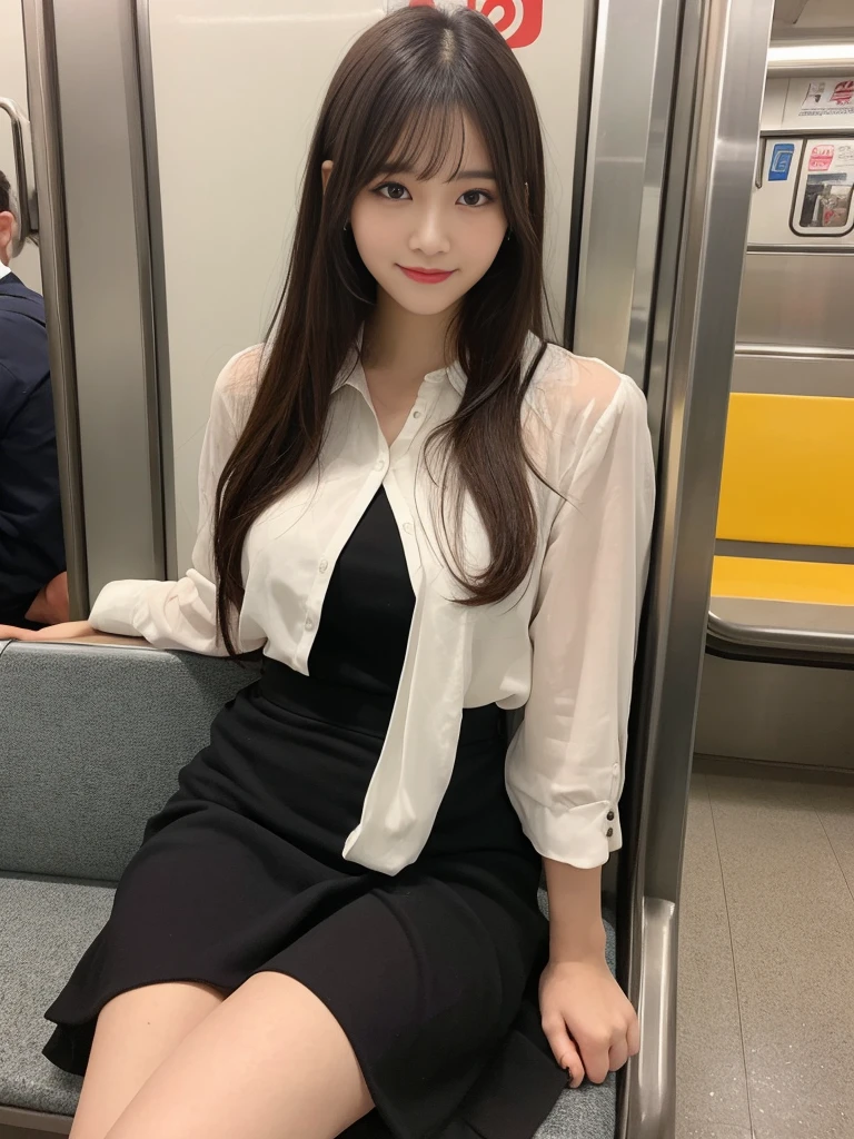 on the table, best quality,  fine details, high resolution, 8K, Beautiful and delicate eyes, 從前排seat看去、low angle、crotch focus、In the skirt、Women's set、Dress lightly、Medium long hair,huge ,split、natural color lips, Bold sexy pose, Smile, Shibuya OL system、20 year old girl、Lovely、东京subway、subway、on the train、Reclining seat、seat、sit down、spread legs、tight skirt、Panchira,、Put your hands behind your back、