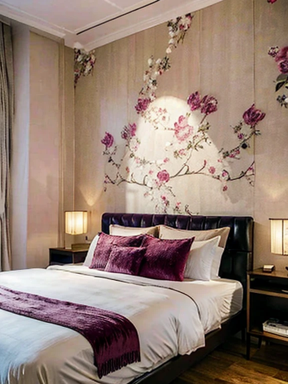 Help me generate a photo of a double bed room that combines the hotel with the intangible cultural heritage Nanjing velvet flower。There are velvet flowers in the room，velvet flower elements，The quilt has elegant velvet patterns，Velvet flower decoration on the wall