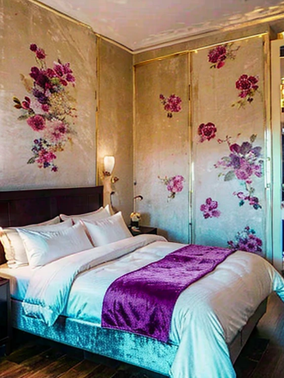 Help me generate a photo of a double bed room that combines the hotel with the intangible cultural heritage Nanjing velvet flower。There are velvet flowers in the room，velvet flower elements，The quilt has elegant velvet patterns，Velvet flower decoration on the wall